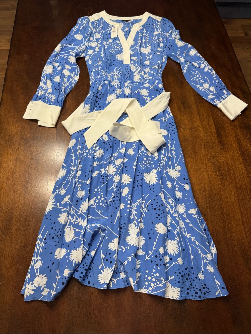 Talbots Blue and White Floral Midi Dress with Tie Waist